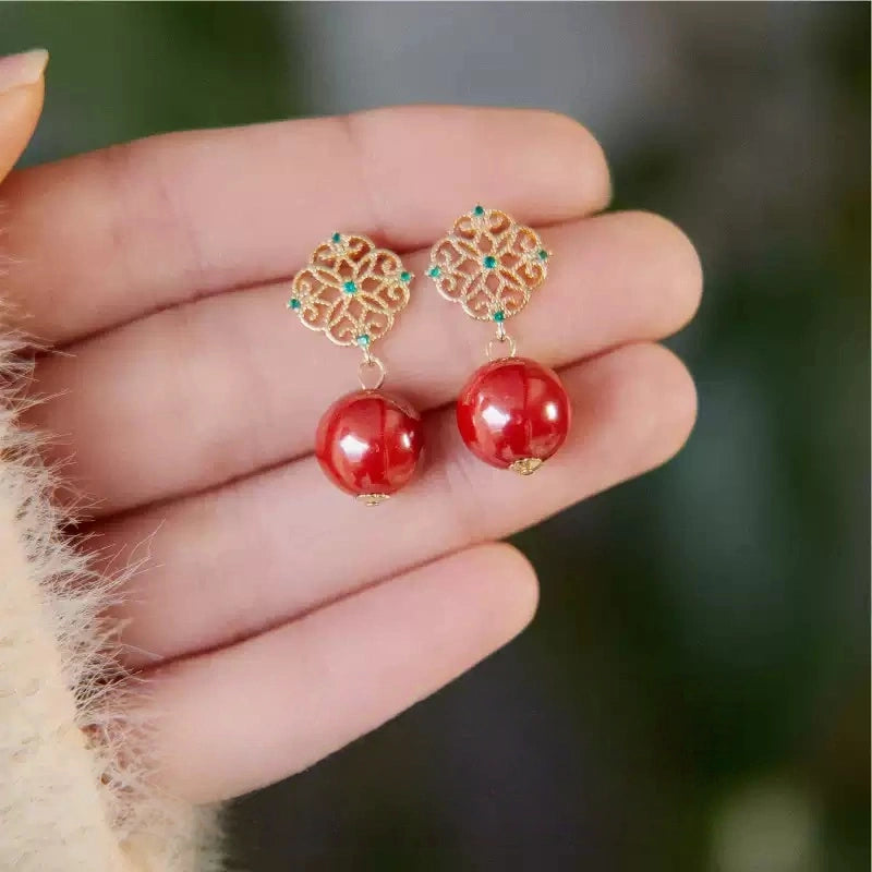 Cinnabar earrings--wishing elders longevity