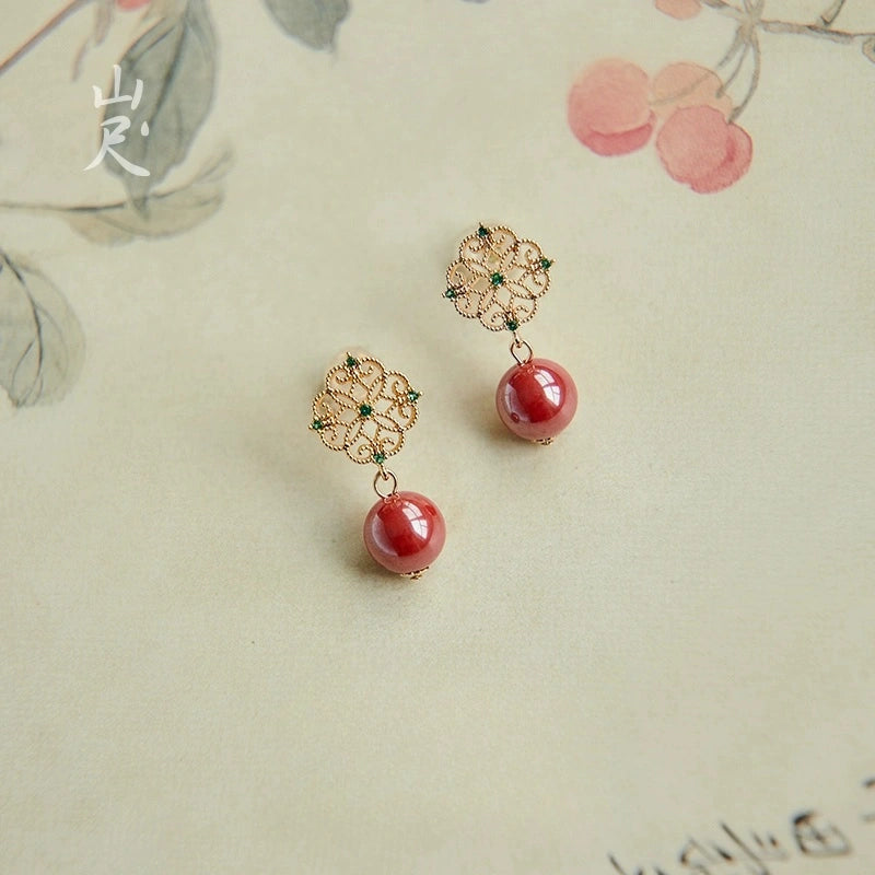 Cinnabar earrings--wishing elders longevity